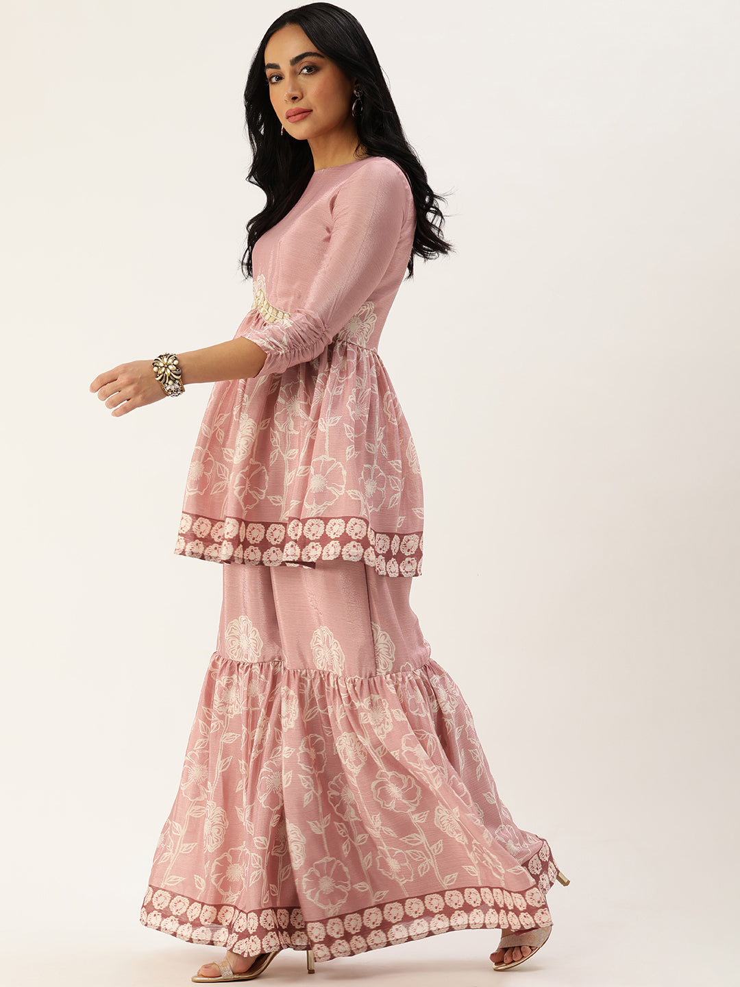 Bollywood Vogue Ready To Wear Pink Foil Print Chinon Alia Cut Kurta Set - Detail View