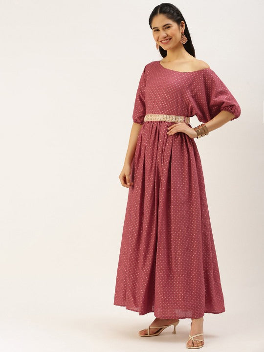 Bollywood Vogue Ready To Wear Maroon Nylon Jacquard Maxi Dress - Side View
