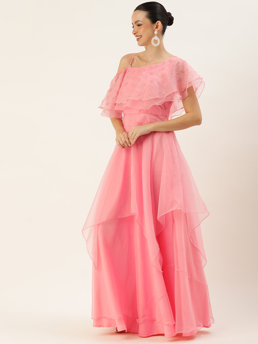 Bollywood Vogue Ready To Wear Pink Embroidered Organza Gown - Side View