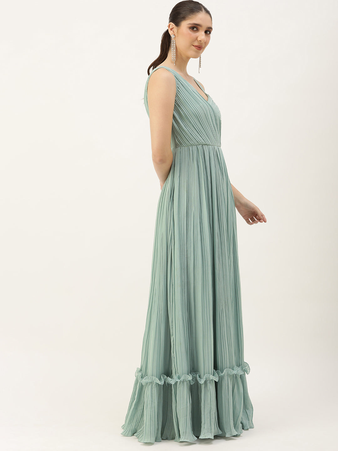 Bollywood Vogue Ready To Wear Green Pleated Georgette Gown N Embroidered Jacket - Detail View