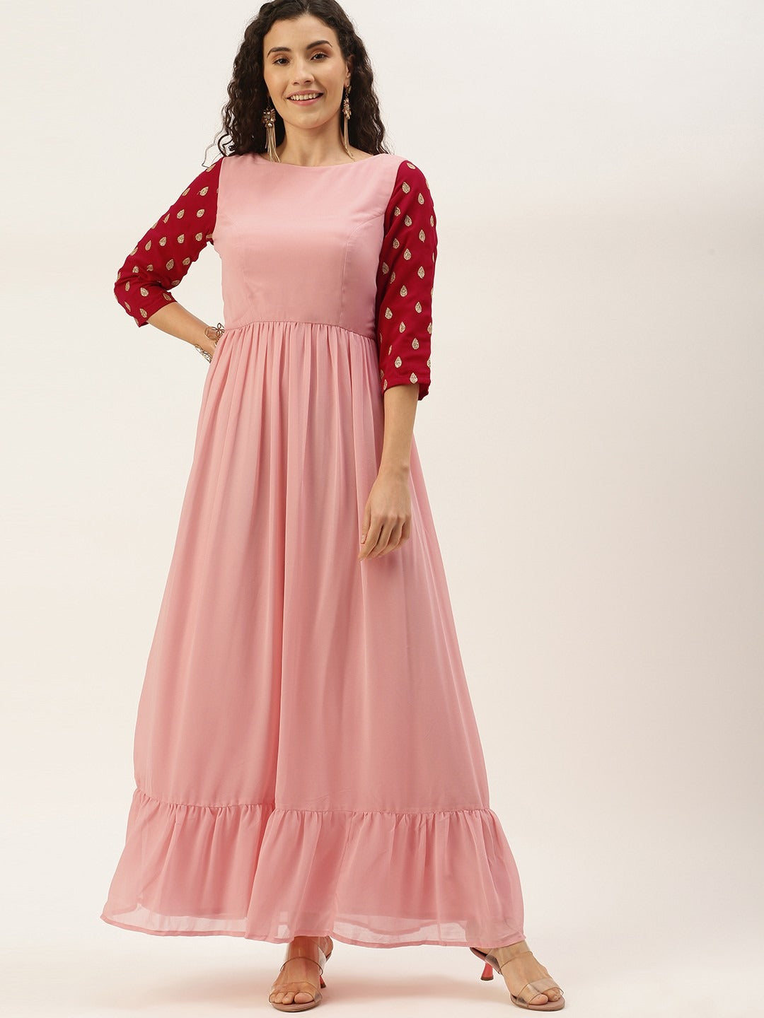 Bollywood Vogue Ready To Wear Pink Georgette N Magenta Embroidered Dress - Front View