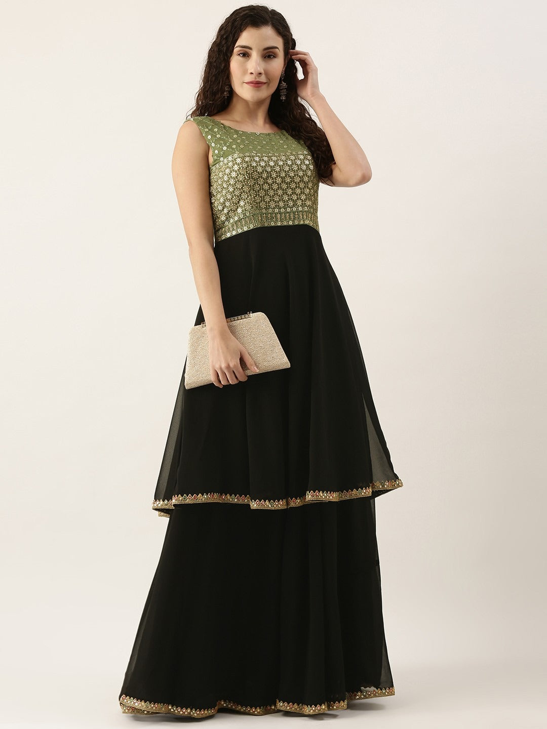 Bollywood Vogue Ready To Wear Black N Green Embroidered Layered Gown - Additional View 1