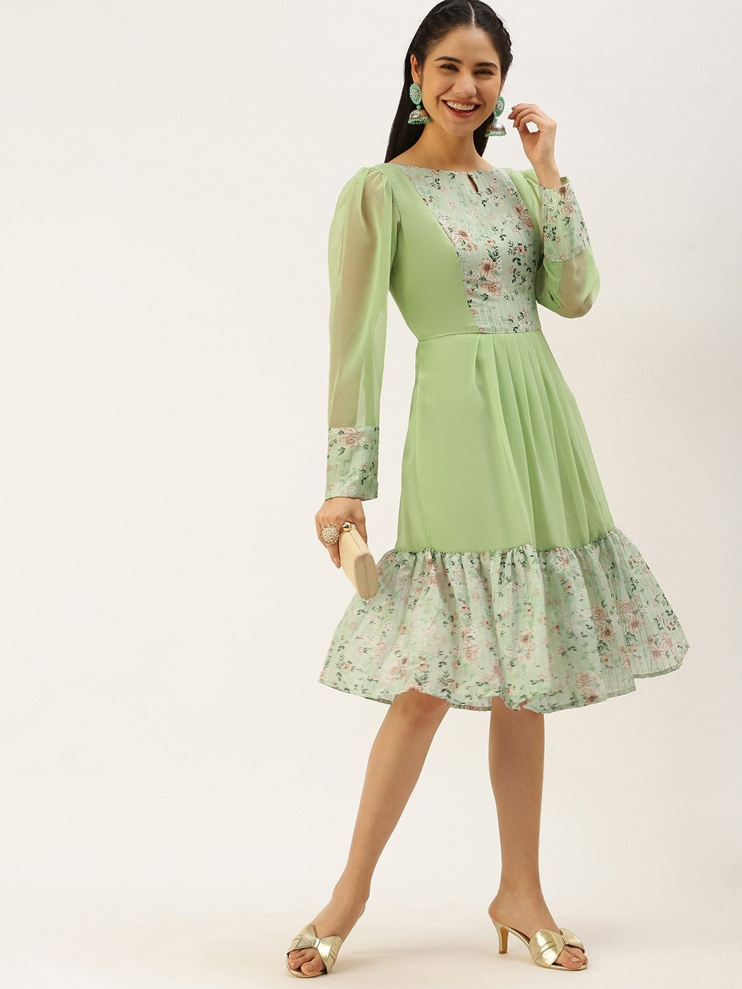 Bollywood Vogue Ready To Wear Green Digital Printed Dress - Additional View 2