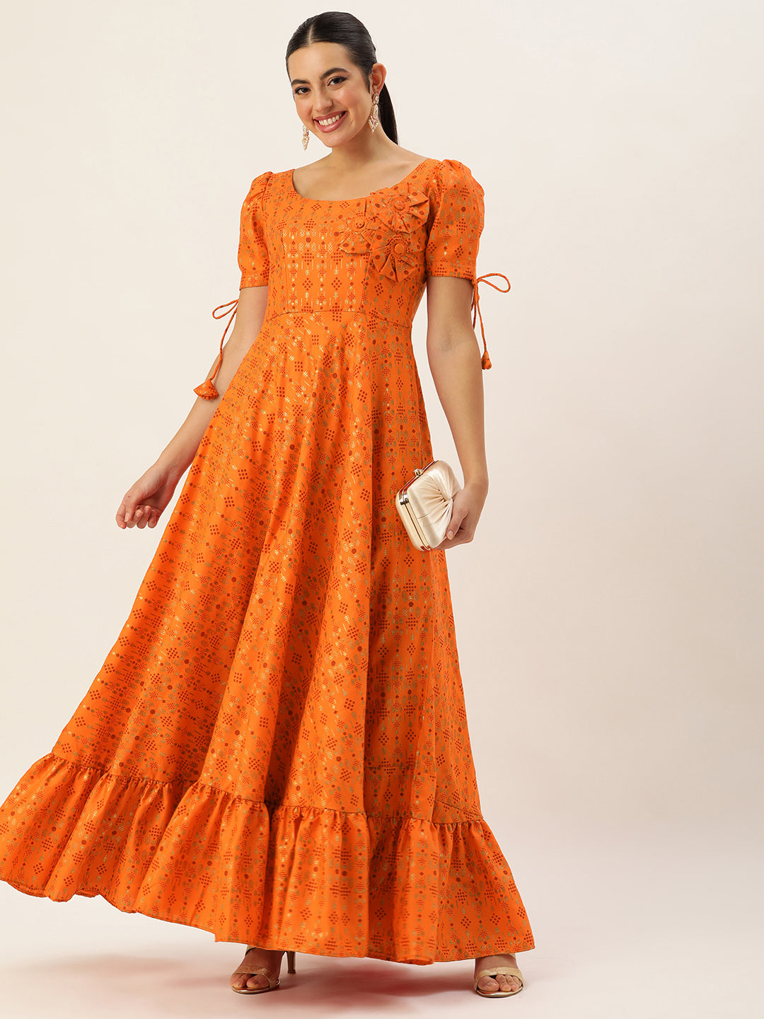 Bollywood Vogue Ready To Wear Orange Rayon Applique Design Gown - Back View