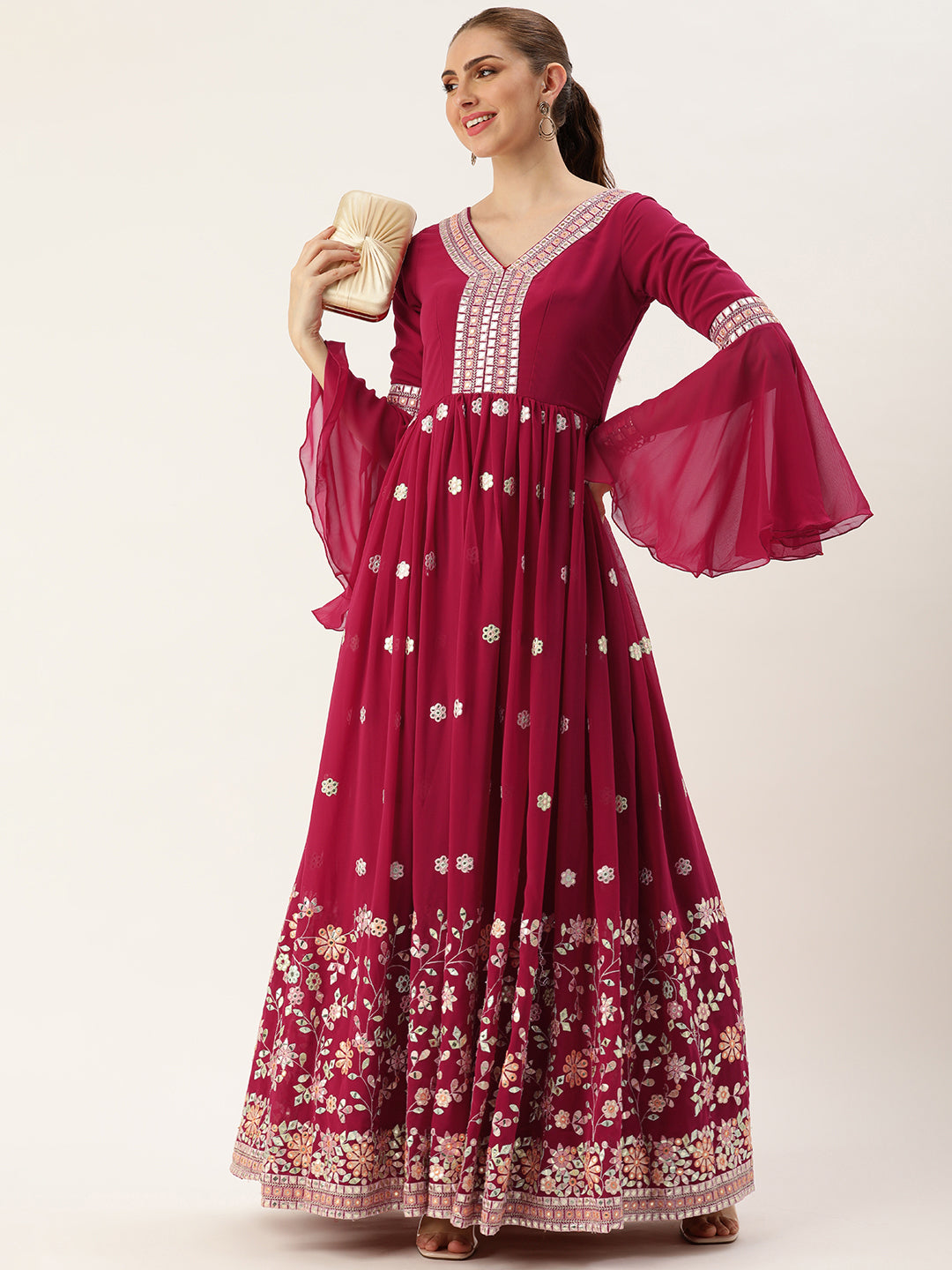 Bollywood Vogue Ready To Wear Pink Georgette Embroidered Gown - Front View