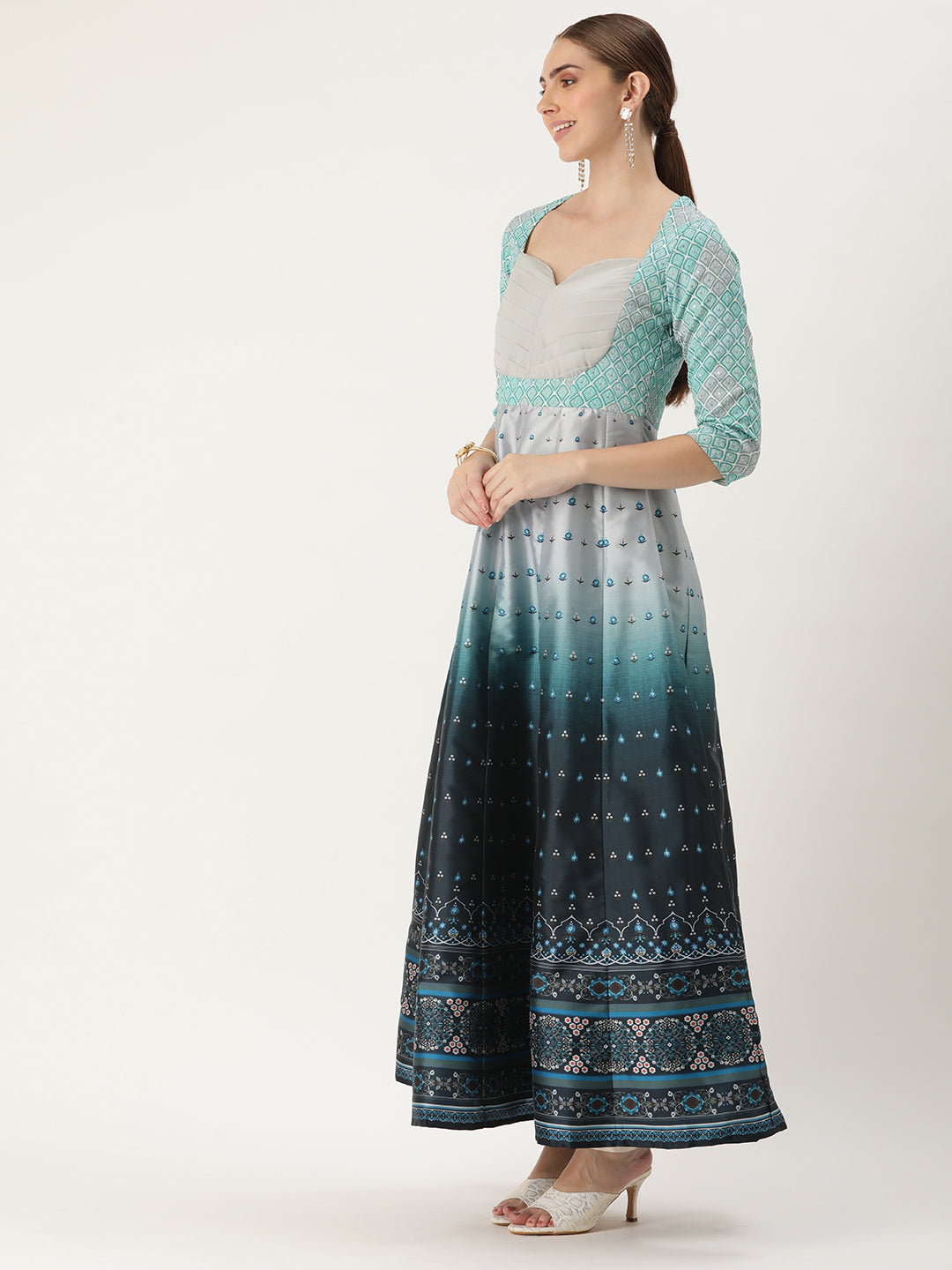 Bollywood Vogue Ready To Wear Blue Printed Kali N Multicolored Embroidered Anarkali Suit - Look Shot
