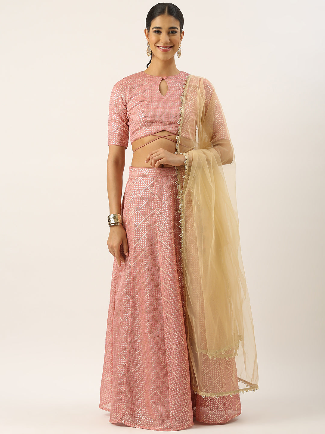 Bollywood Vogue Ready To Wear Pink Organza Embroidered Kali Lehenga - Front View