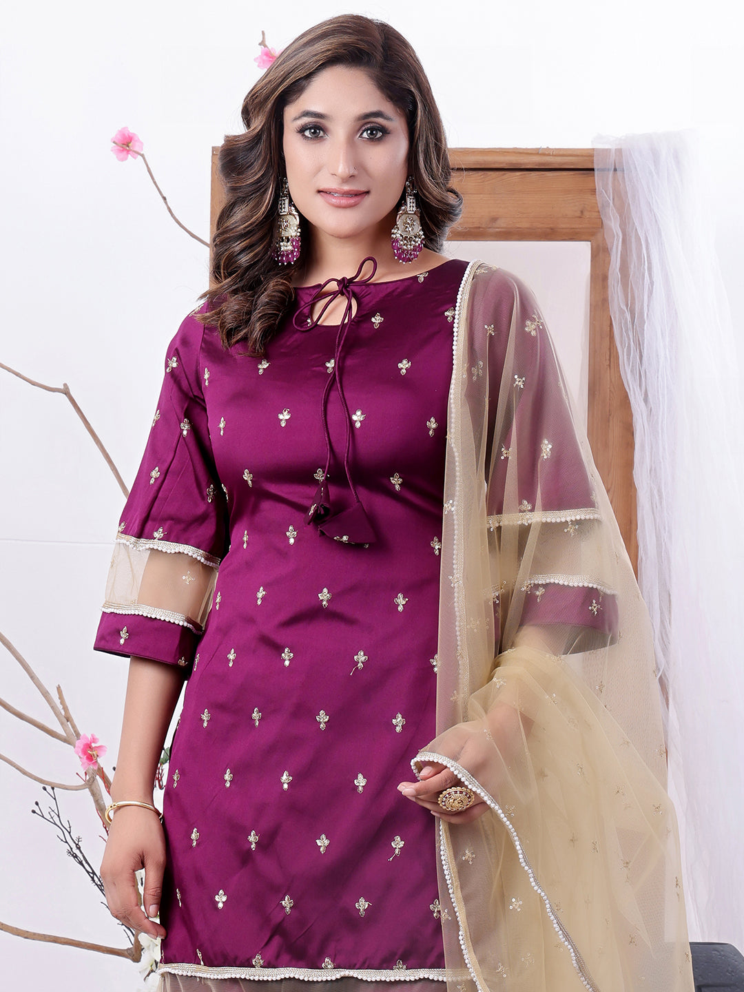 Bollywood Vogue Ready To Wear Wine Art Silk Embroidered Palazzo Suit - Look Shot