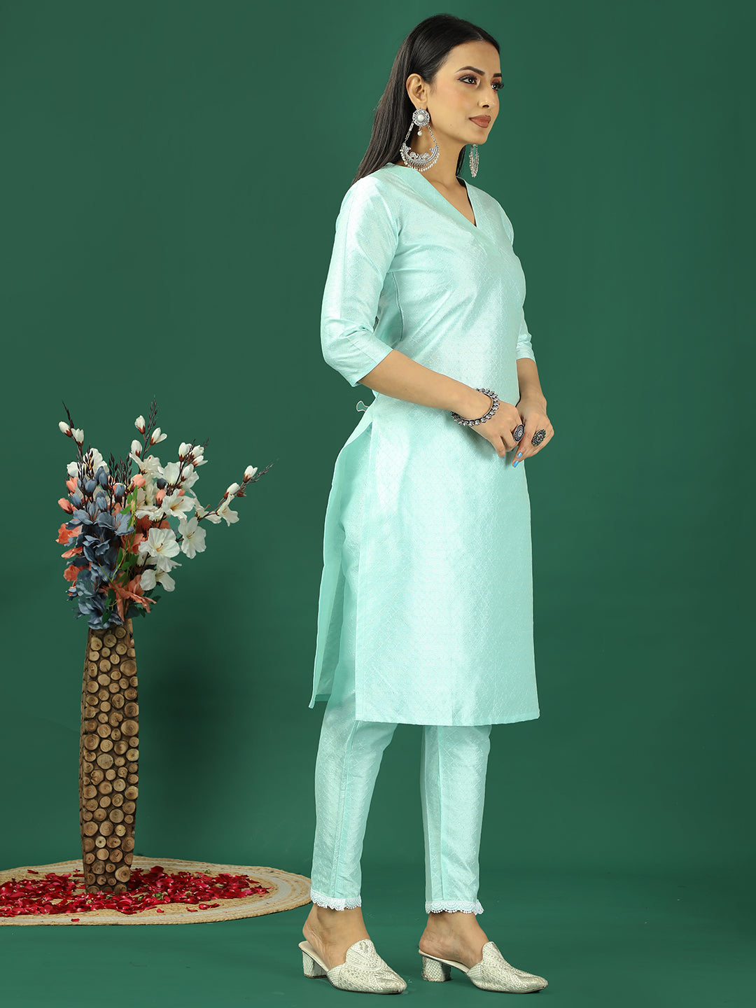 Bollywood Vogue Ready To Wear Sea Green Art Silk Straight Pant Kurta Sets - Additional View 2