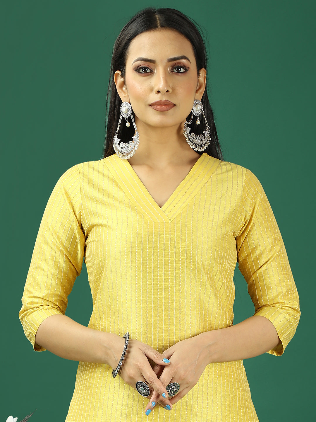 Bollywood Vogue Ready To Wear Yellow Art Silk Straight Pant Kurta Sets - Detail View