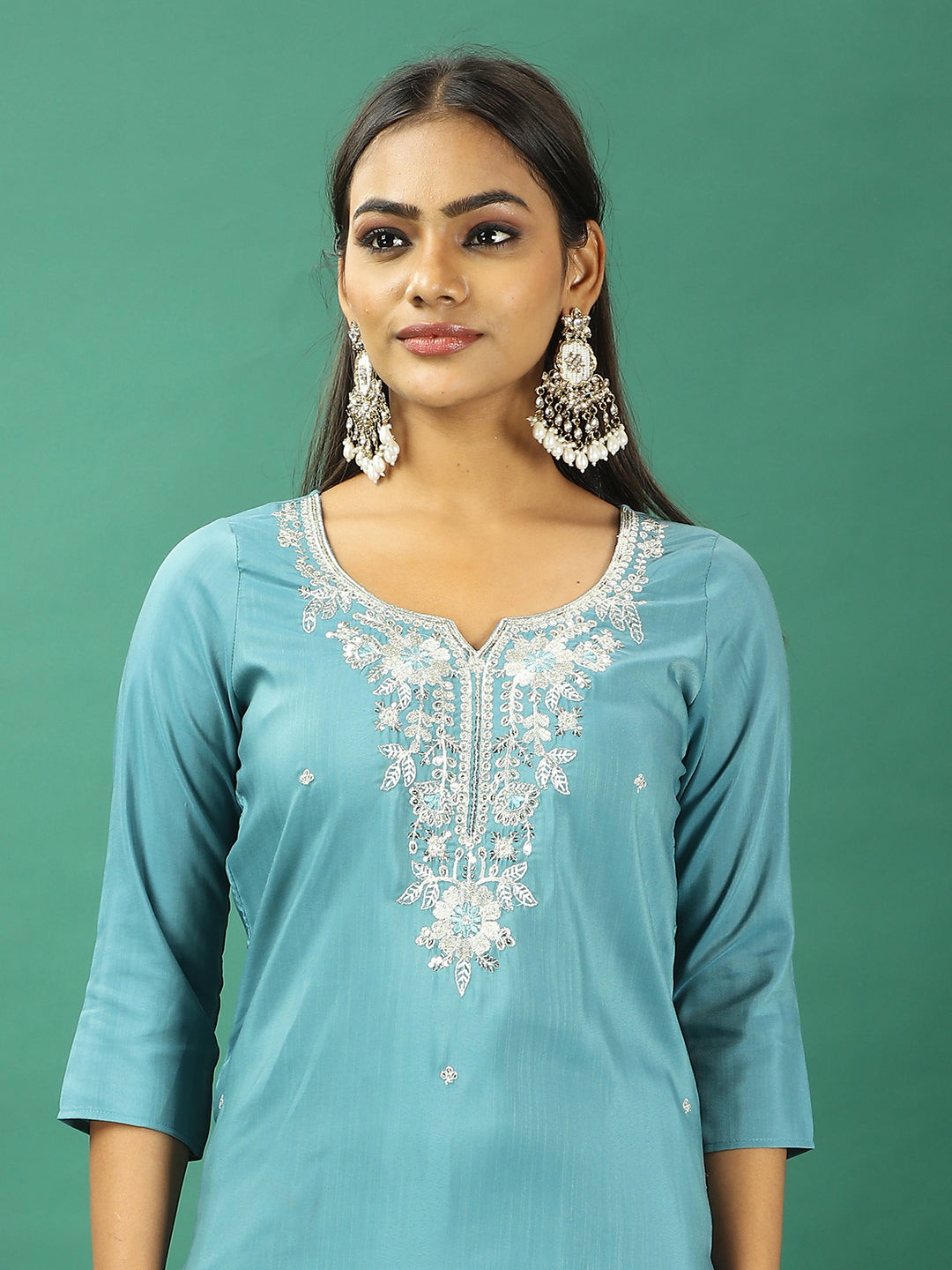 Bollywood Vogue Ready To Wear Turquoise Blue Silk Narrow Straight Pant Suit - Detail View