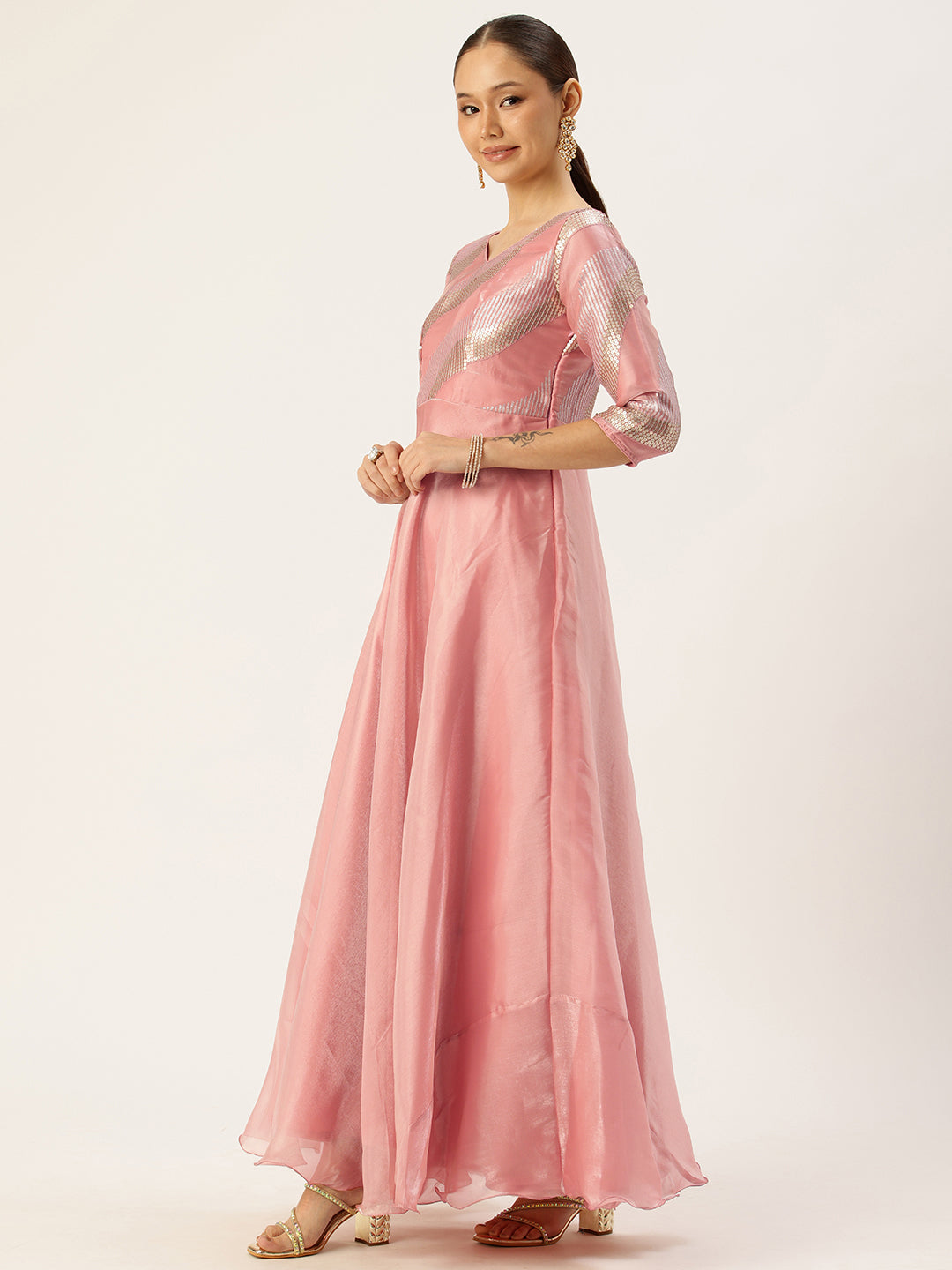 Bollywood Vogue Ready To Wear Peach Organza Satin Embroidered Anarkali Suit - Side View