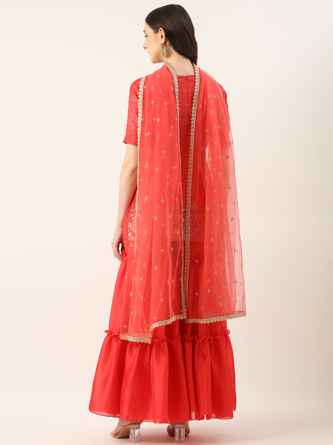 Bollywood Vogue Ready To Wear Coral Pink Chinon Embroidered Sequins Sharara Suit - Back View
