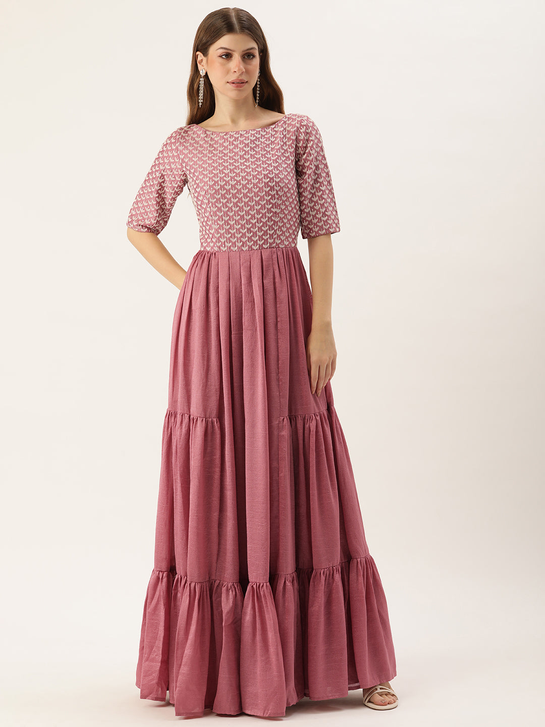 Bollywood Vogue Ready To Wear Mauve Embroidered Art Silk Tiered Gown - Front View