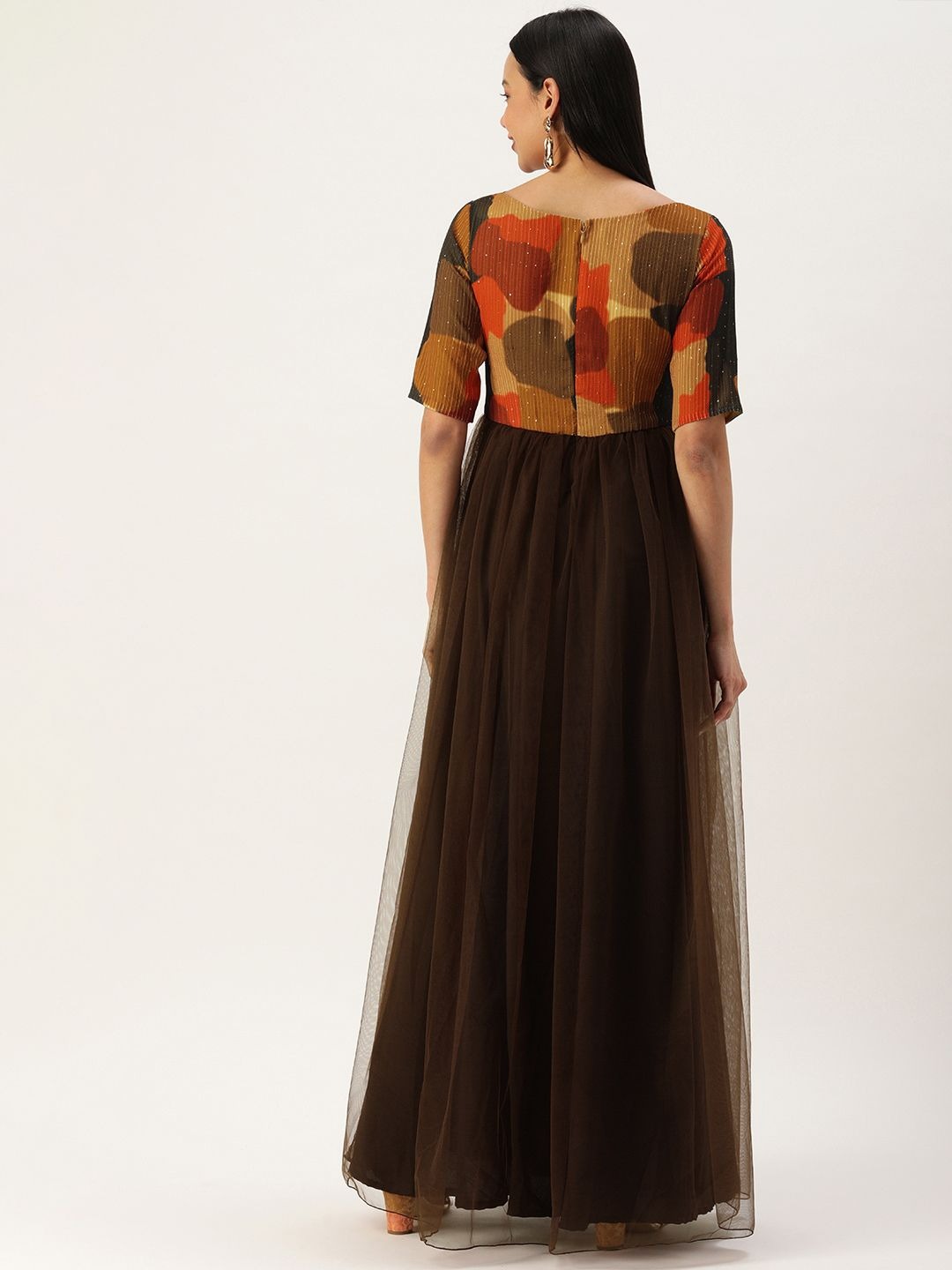 Bollywood Vogue Ready To Wear Multicolored Embroidered N Brown Net Gown - Back View
