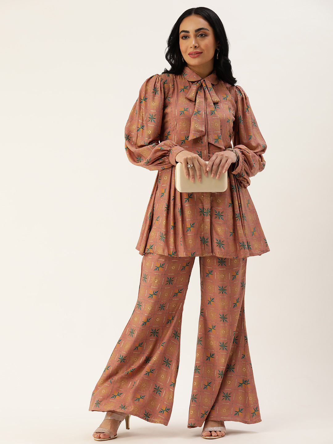 Bollywood Vogue Ready To Wear Peach Foil Print Muslin Co Ords Set - Front View