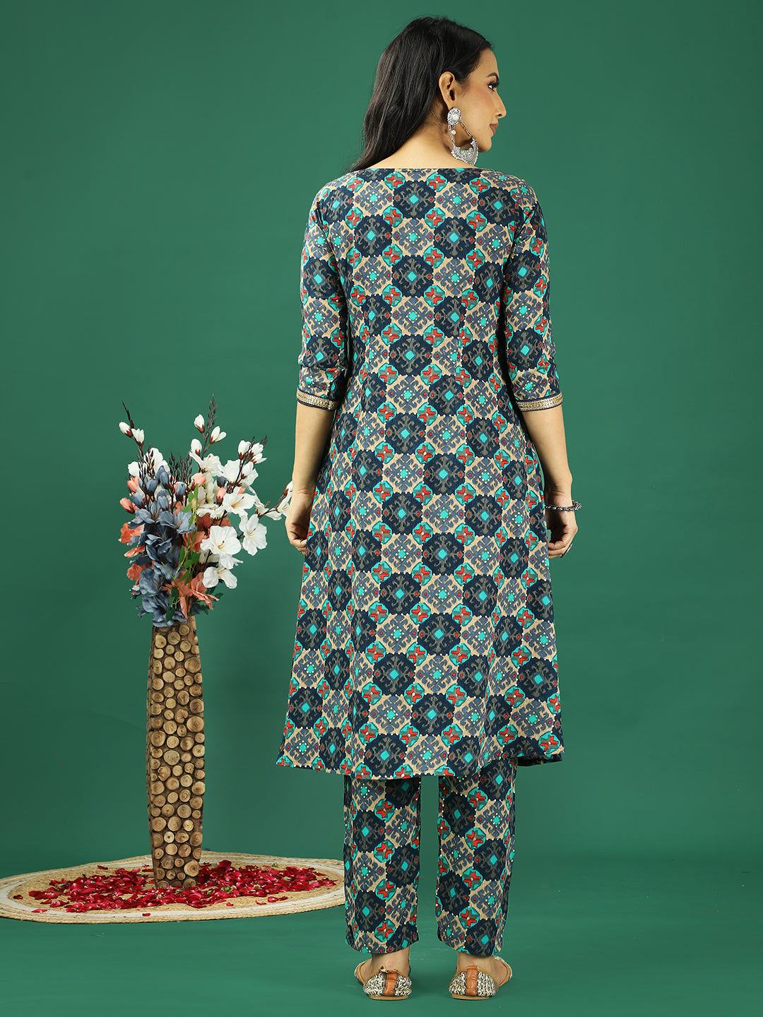 Bollywood Vogue Ready To Wear Blue Printed Viscose Kurta Straight Pant Set - Back View