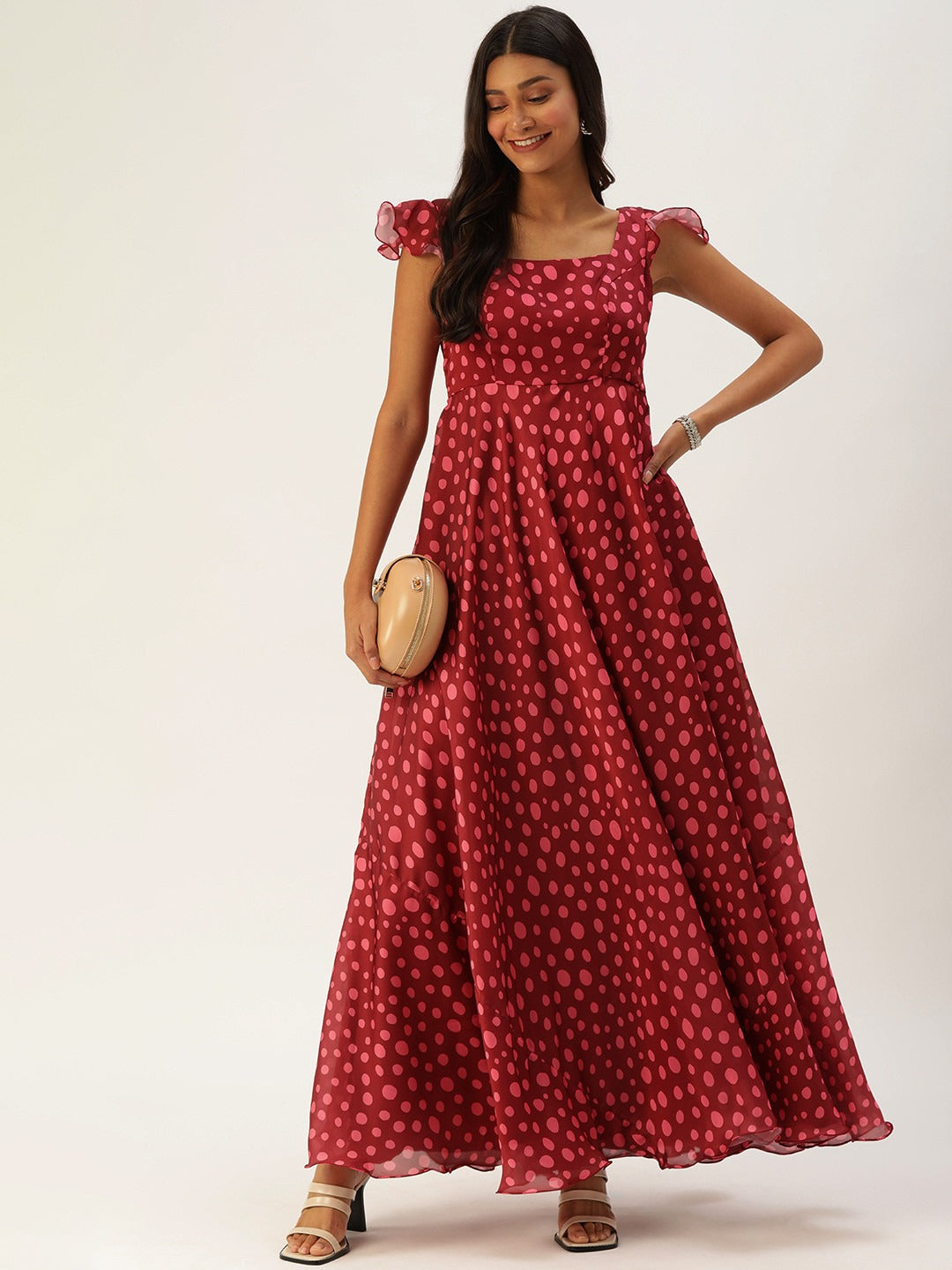 Bollywood Vogue Ready To Wear Maroon Satin Printed Bell Sleeve Gown - Front View