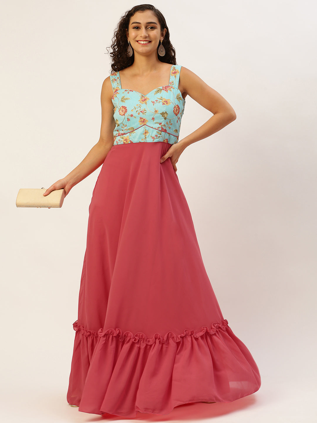 Bollywood Vogue Ready To Wear Blue N Pink Georgette Gown - Side View
