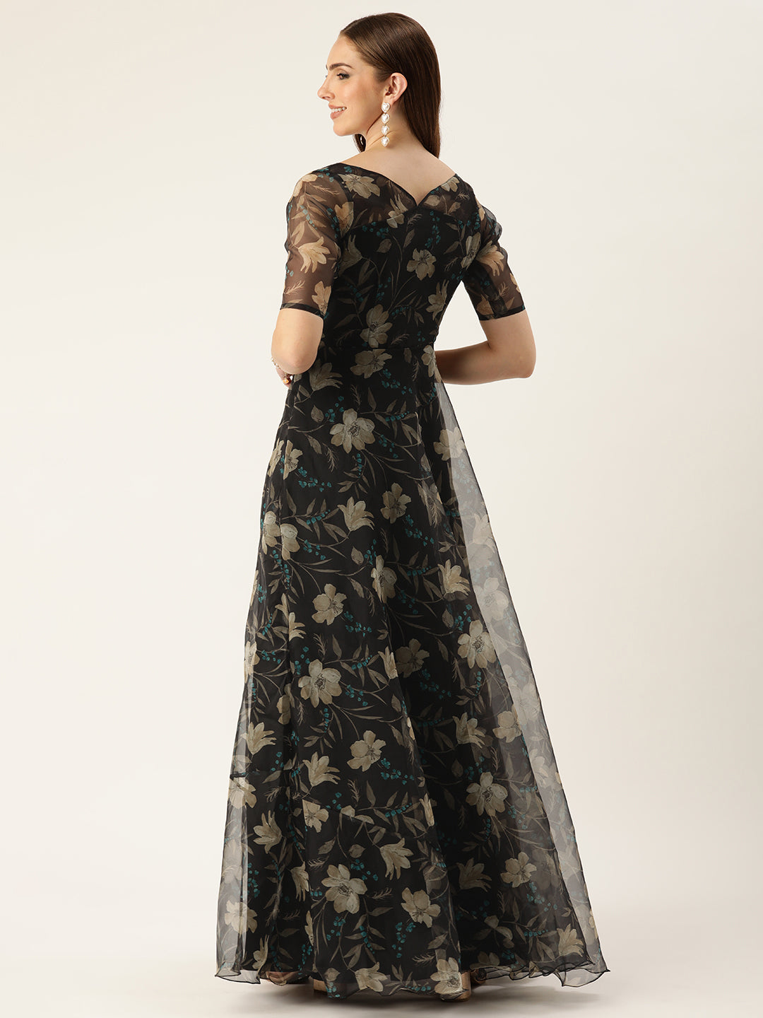 Bollywood Vogue Ready To Wear Black Digital Printed Organza Gown - Back View