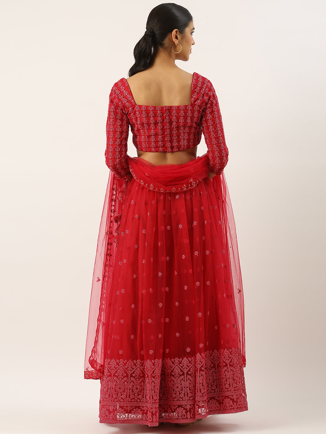 Bollywood Vogue Ready To Wear Red Net Embroidered Gathered Style Lehenga Set - Back View