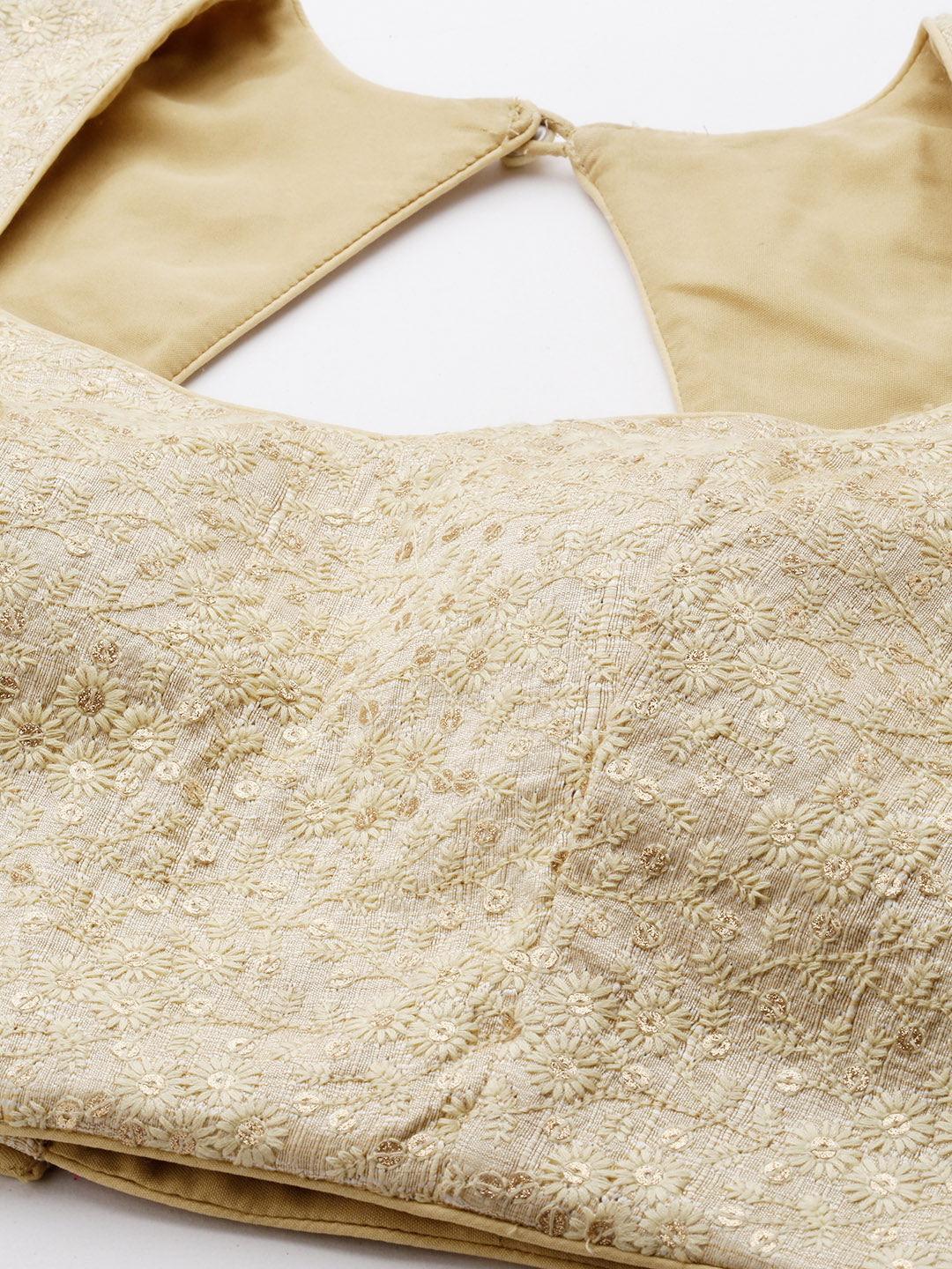 Bollywood Vogue Ready To Wear Beige Embroidered Tiered Gather Style Lehenga Set - Detail View