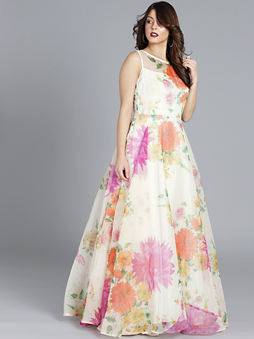 Bollywood Vogue Ready To Wear White Boat Neck Organza Gown - Additional View 1