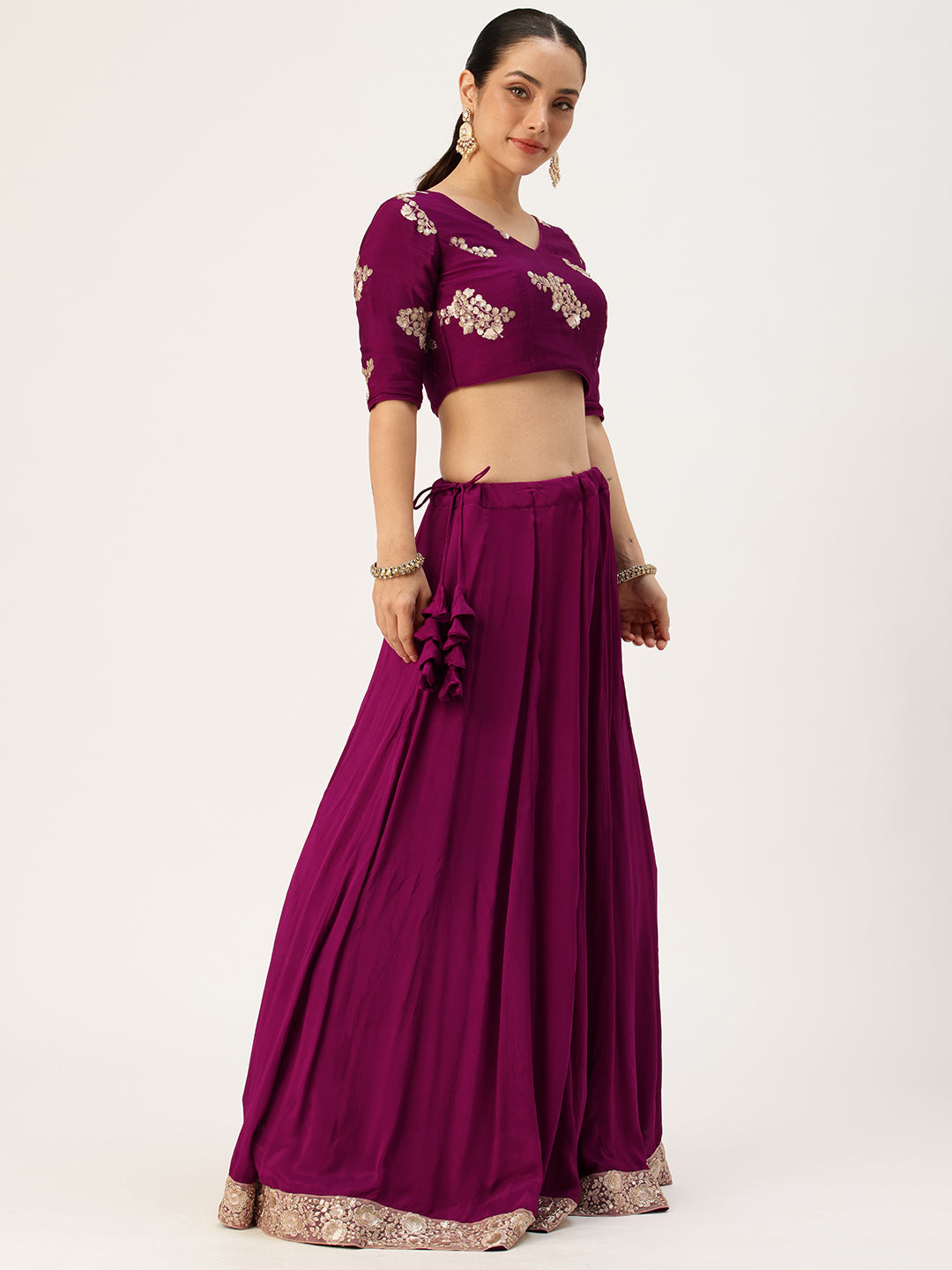 Bollywood Vogue Ready To Wear Purple Chinon Embroidered Lehenga Set - Side View