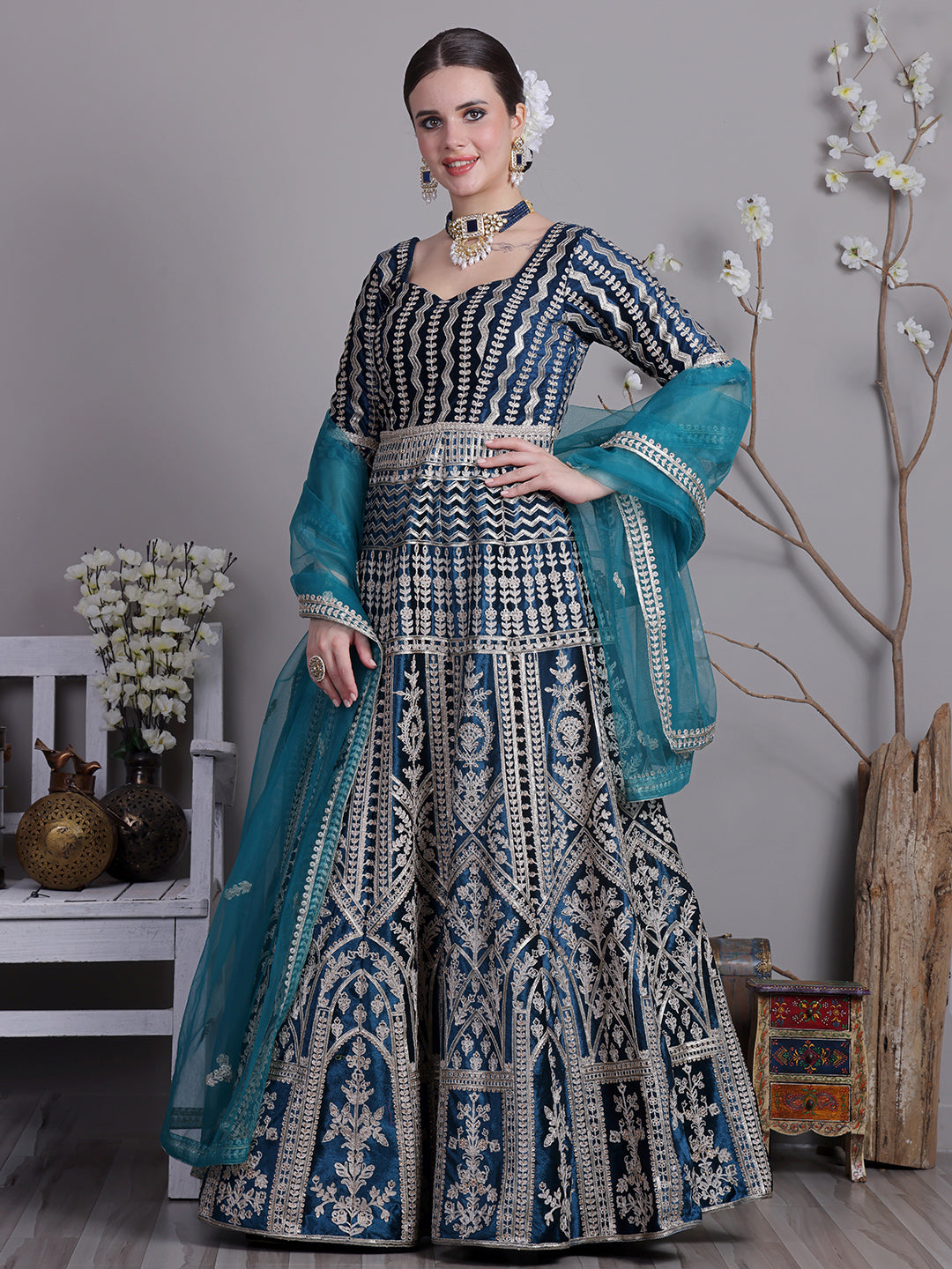 Bollywood Vogue Ready To Wear Classic Top With Teal Blue Velvet Anarkali Suit - Front View