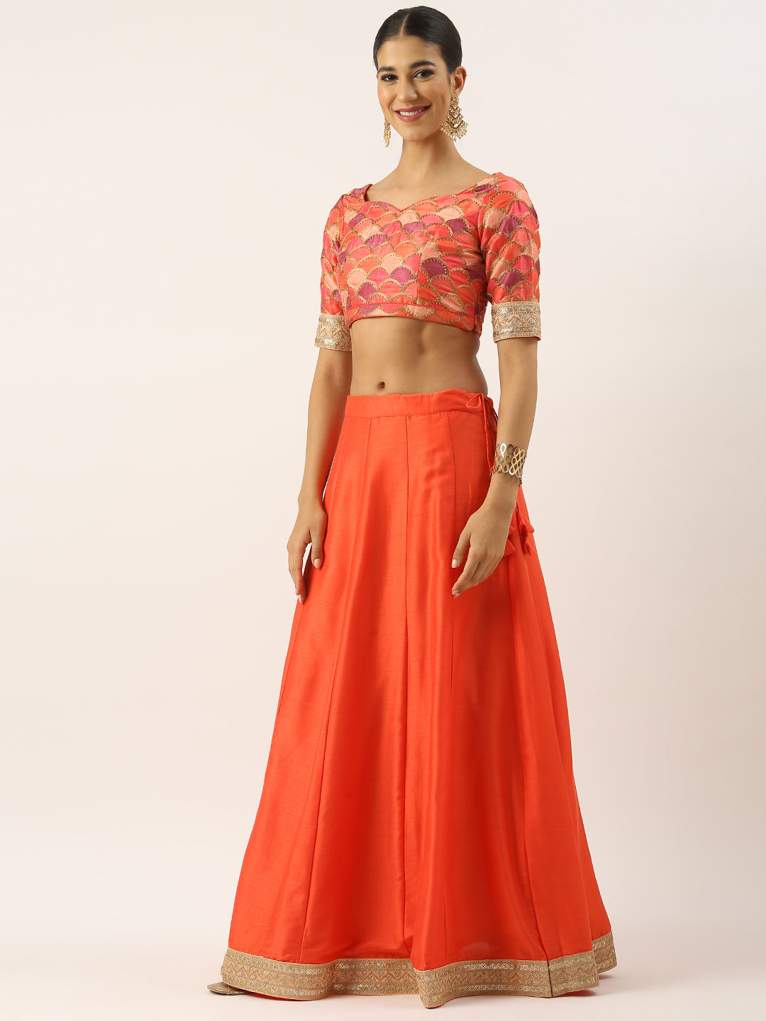 Bollywood Vogue Ready To Wear Multicolor Embroidered Silk N Orange Lehenga Set - Side View