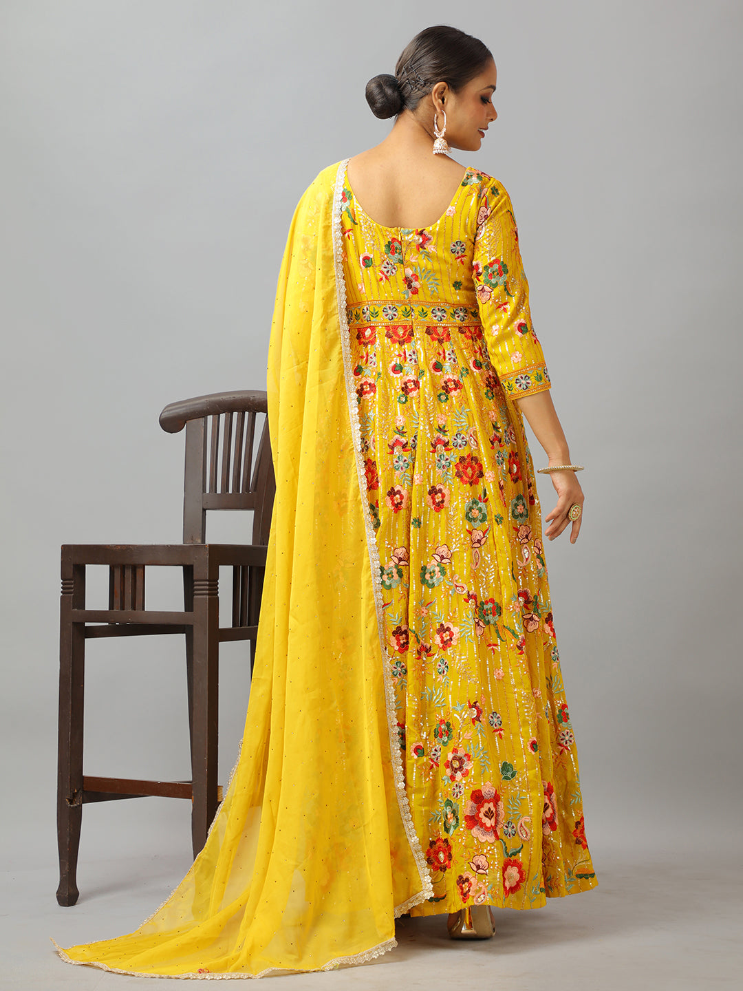 Bollywood Vogue Ready To Wear Classic Top N Mustard Embroidered Anarkali Suit - Back View