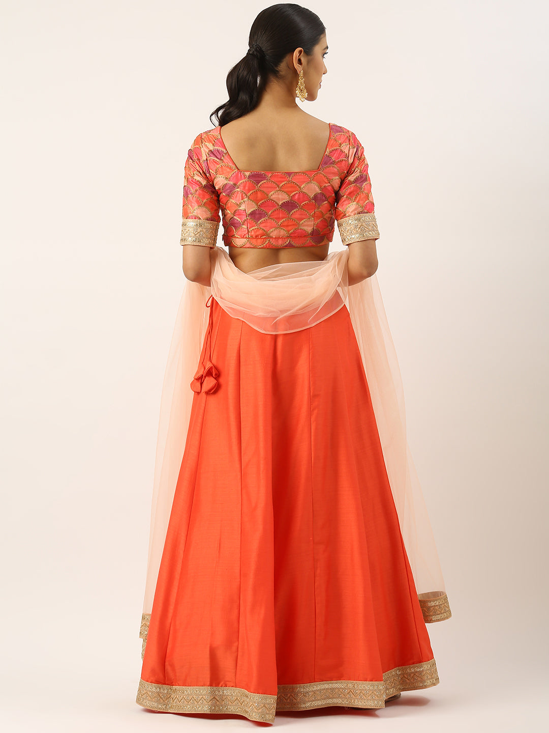 Bollywood Vogue Ready To Wear Multicolor Embroidered Silk N Orange Lehenga Set - Back View