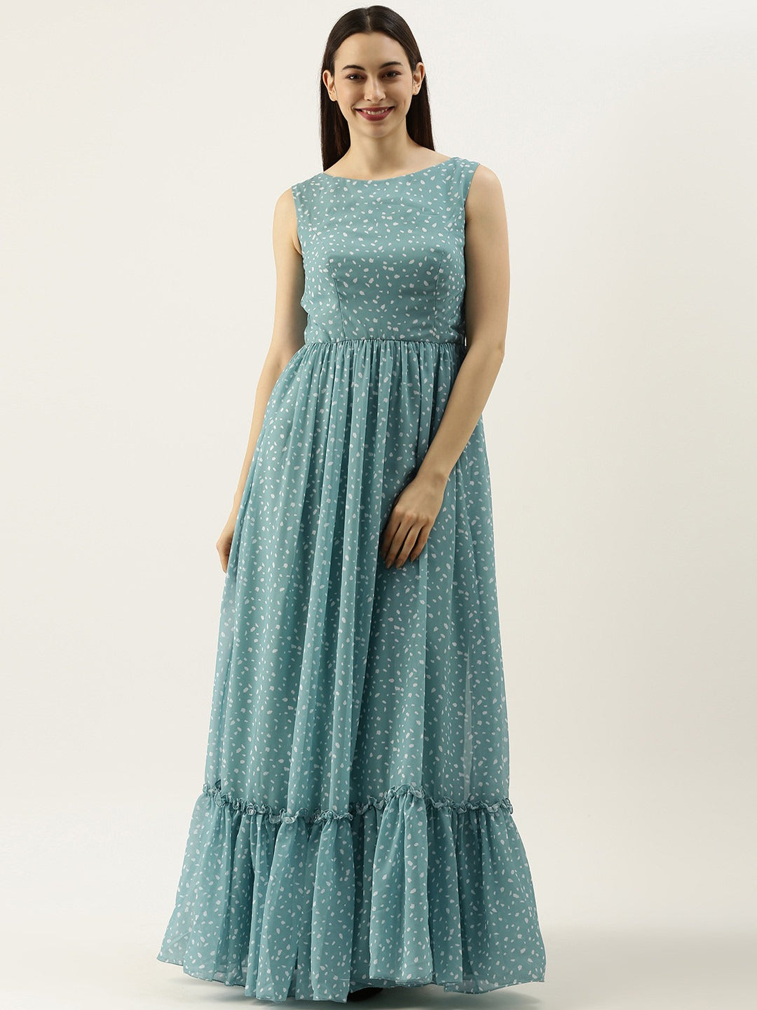 Bollywood Vogue Ready To Wear Blue N White Digital Printed Georgette Tiered Dress - Front View