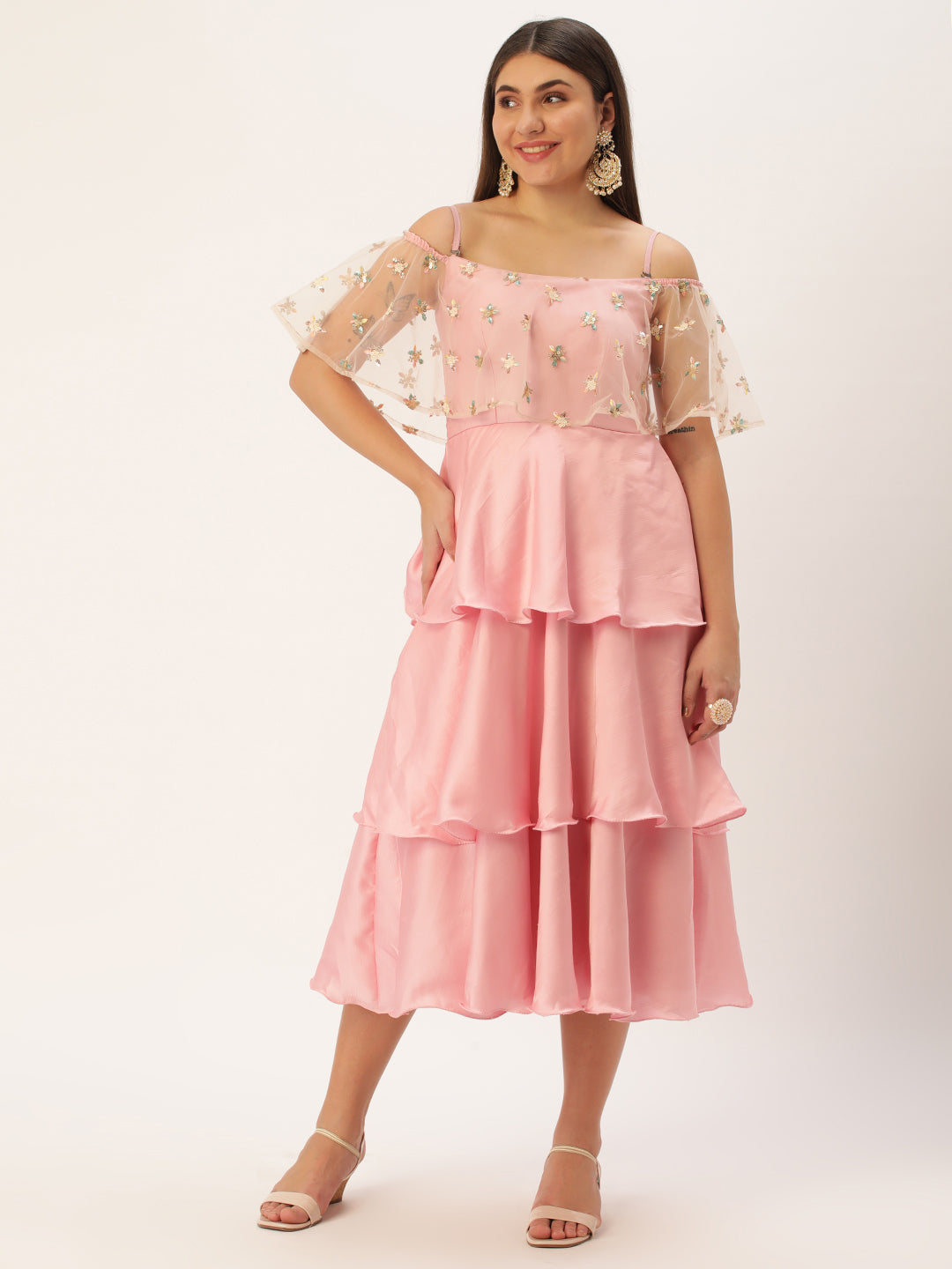 Bollywood Vogue Ready To Wear White Embroidered Net N Pink Satin Dress - Front View