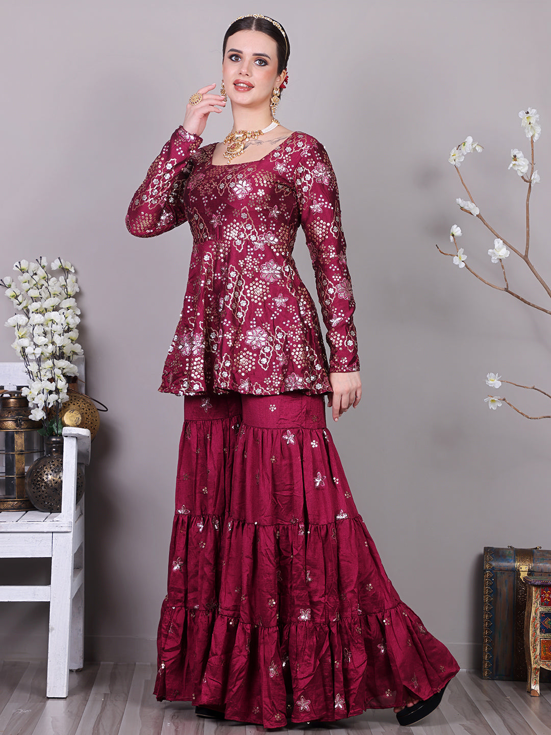 Bollywood Vogue Ready To Wear Chic Top With Art Silk Embroidered Sharara Suit - Side View