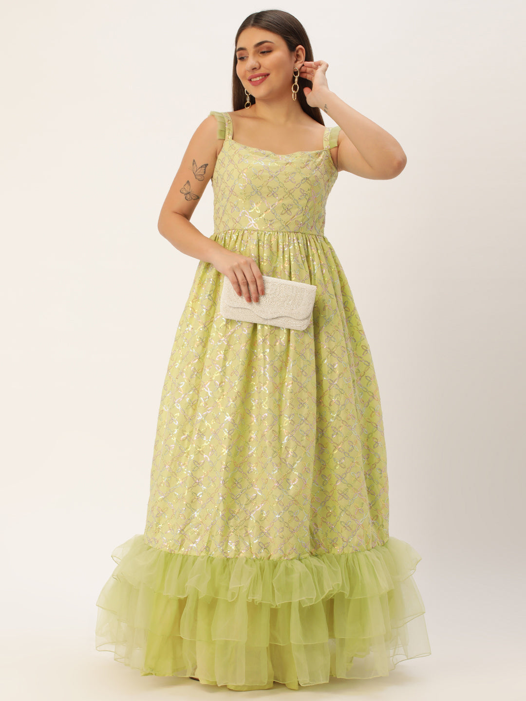 Bollywood Vogue Ready To Wear Green Cotton Sequins Embroidered Gown - Front View