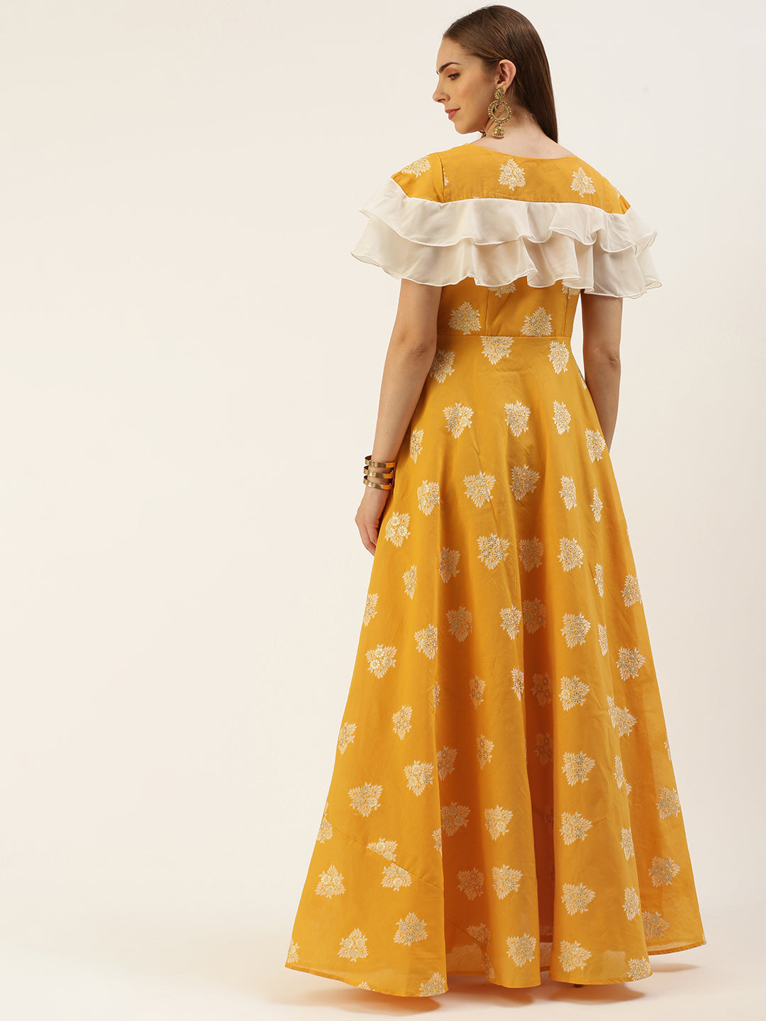 Bollywood Vogue Ready To Wear Mustard Art Silk Ruffled Dress - Back View