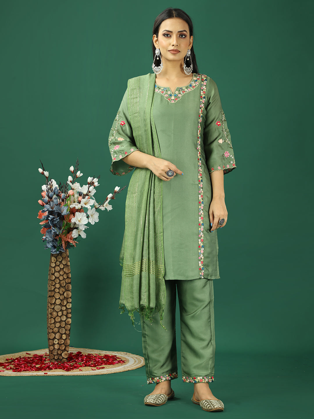 Bollywood Vogue Ready To Wear Green Art Silk Embroidered Straight Pant Suit - Front View
