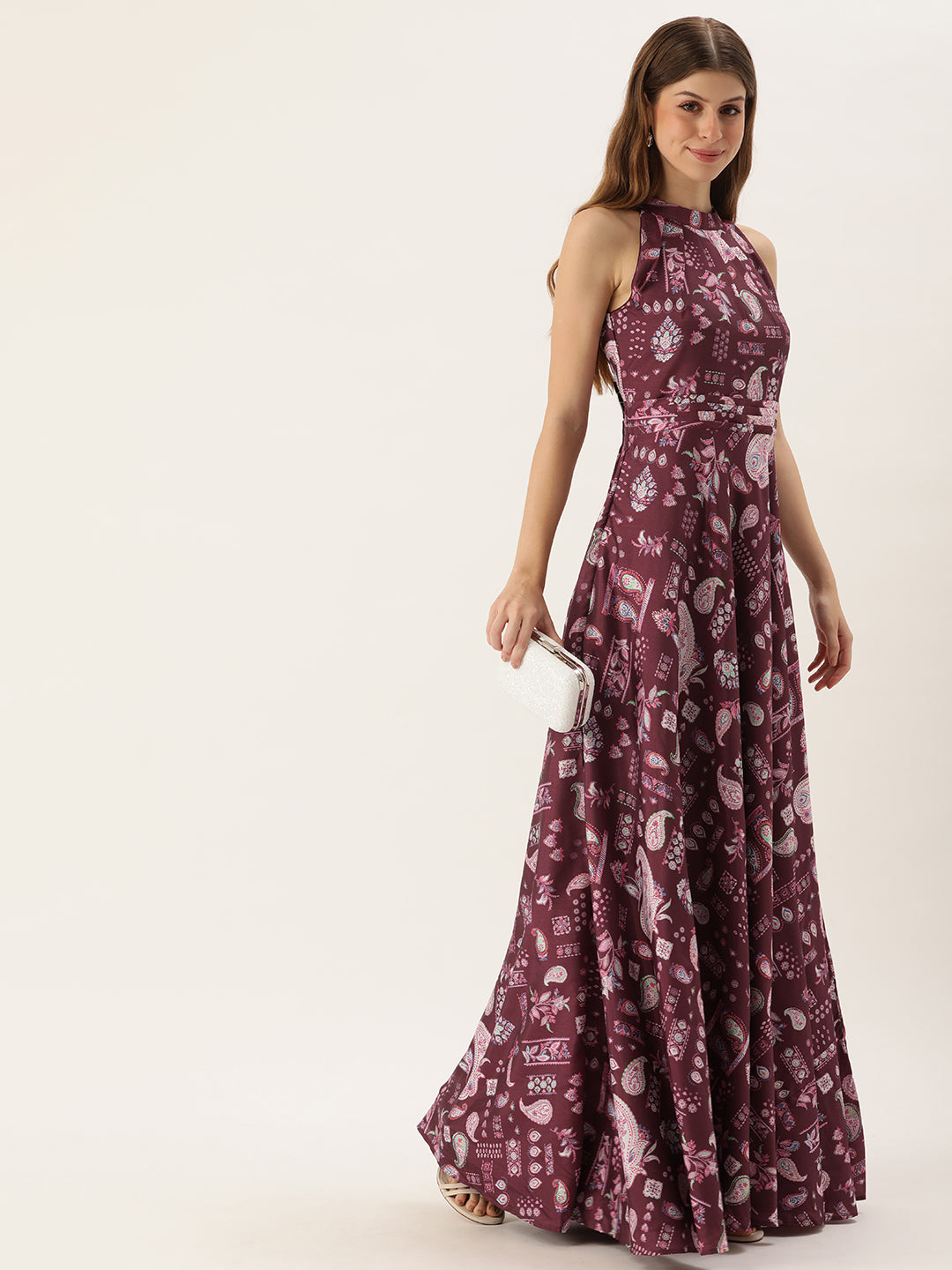 Bollywood Vogue Ready To Wear Maroon Digital Printed Kota Silk Gown - Detail View