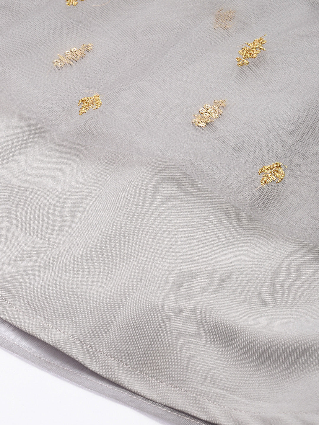 Bollywood Vogue Ready To Wear Gold Sequin Blouse N Grey Embroidered Net Lehenga Set - Detail View