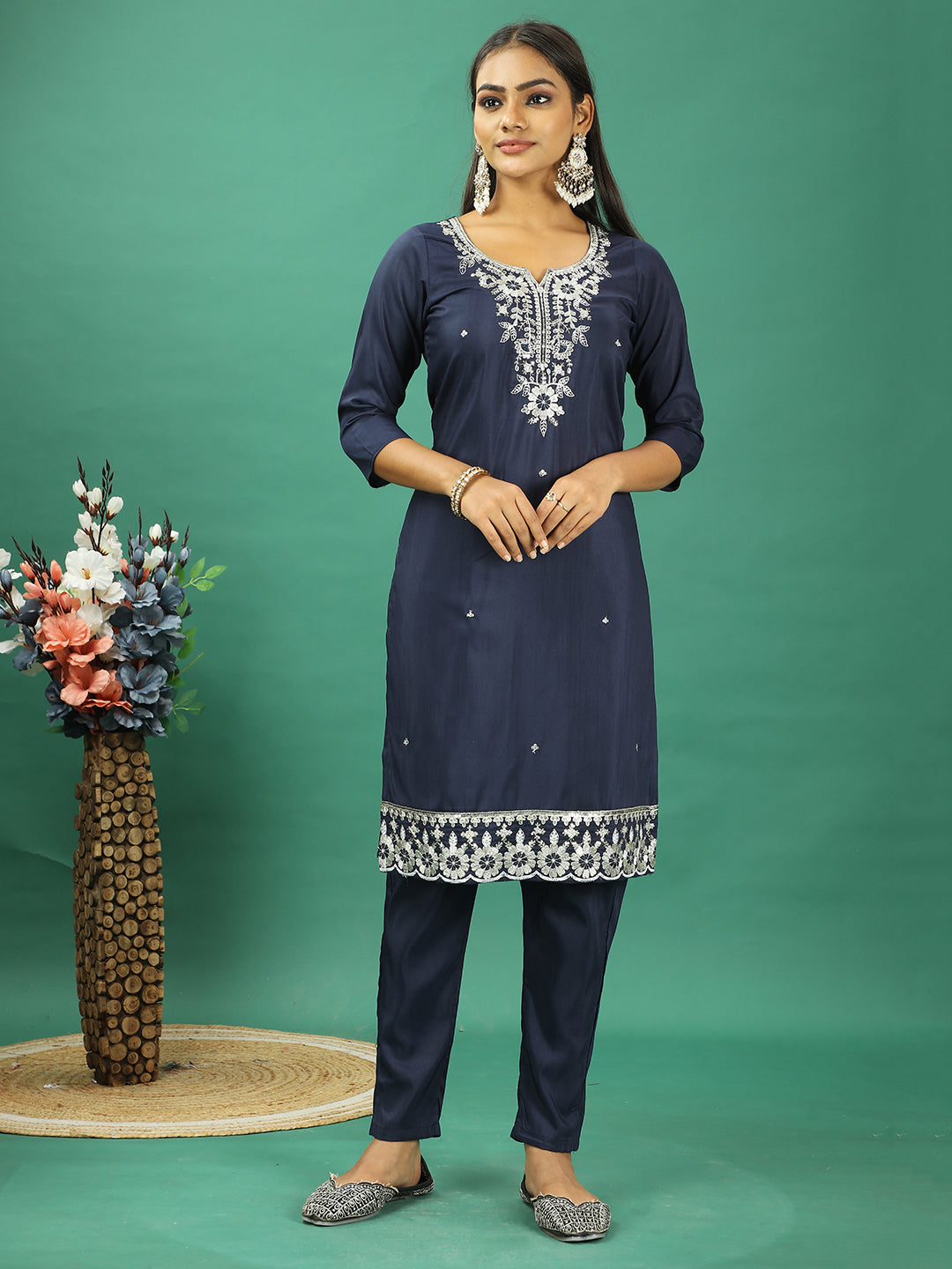 Bollywood Vogue Ready To Wear Blue Silk Embroidered Narrow Straight Pant Suit - Side View