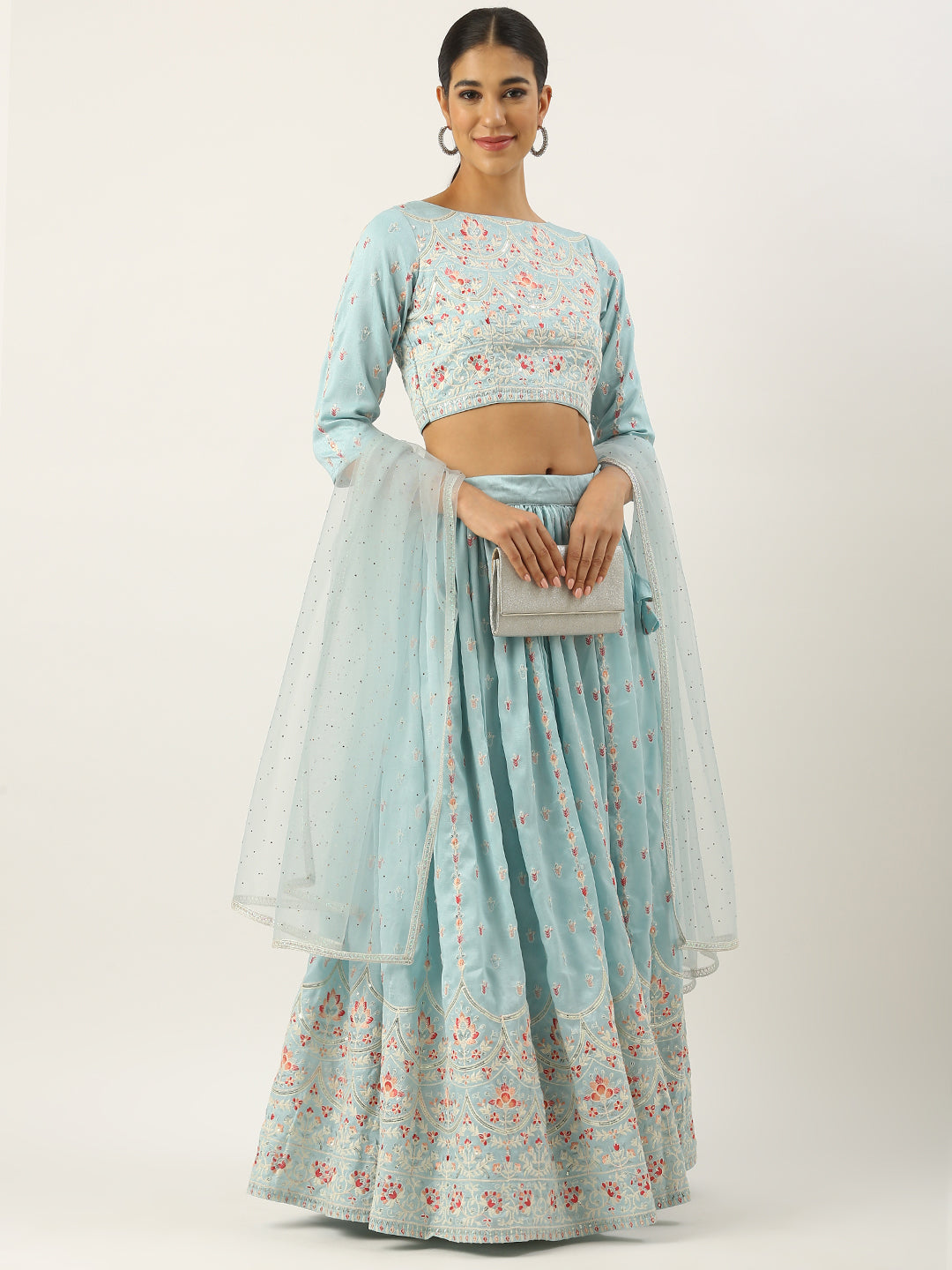 Bollywood Vogue Ready To Wear Blue Art Silk Embroidered Lehenga Set - Detail View