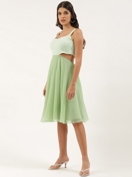 Bollywood Vogue Ready To Wear Green Embroidered Mini Dress - Side View