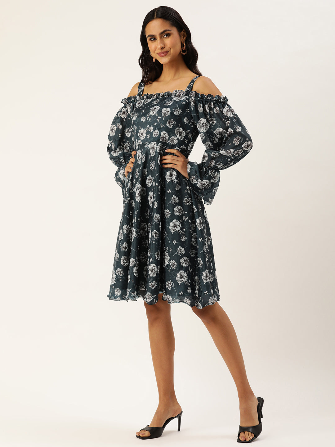 Bollywood Vogue Ready To Wear Blue Digital Printed Chinon Dress - Side View