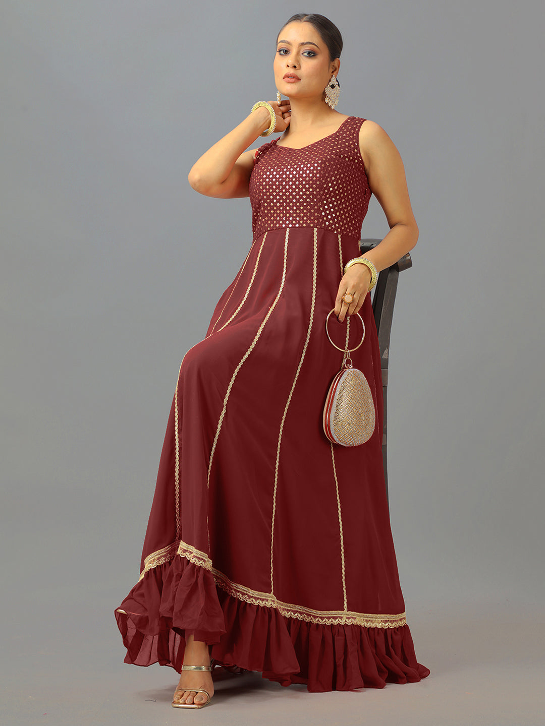 Bollywood Vogue Ready To Wear Maroon Embroidered Georgette Kali Gown - Side View