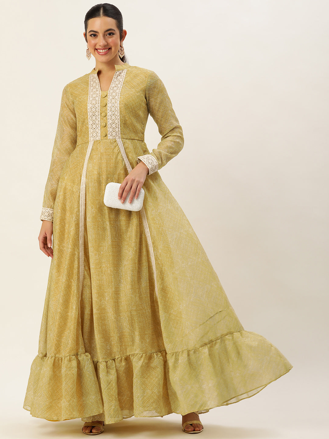 Bollywood Vogue Ready To Wear Green Cotton Silk Gown - Front View