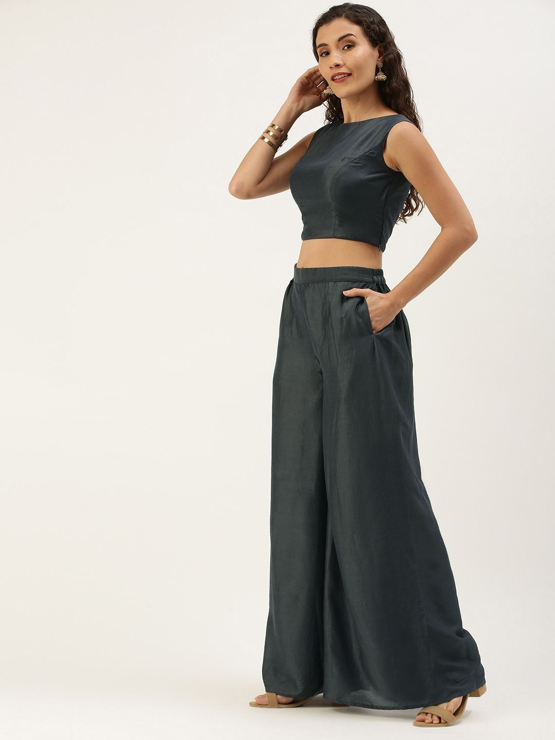 Bollywood Vogue Ready To Wear Dark Grey Palazzo Pant Set N Multicolored Jacket - Side View
