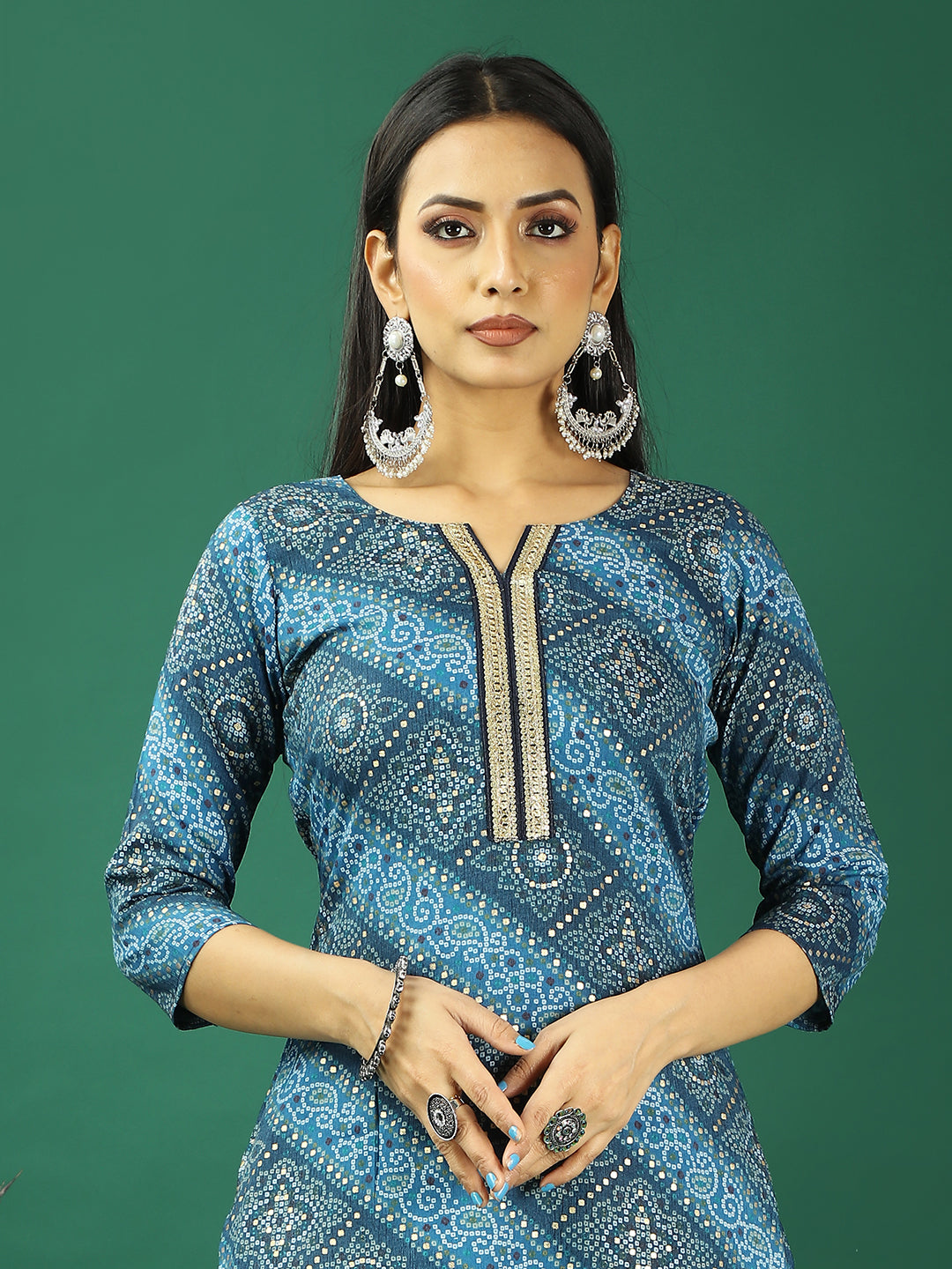 Bollywood Vogue Ready To Wear Blue Foil Print Art Silk Kurta Set - Additional View 1