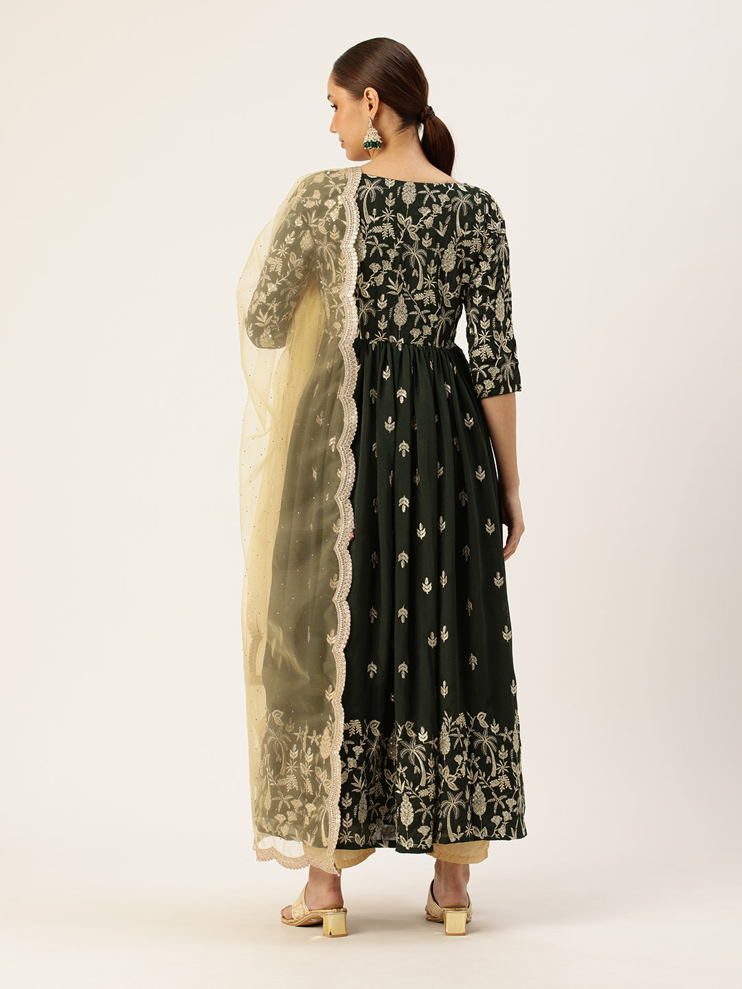 Bollywood Vogue Ready To Wear Green Art Silk Embroidered Anarkali Suit - Back View