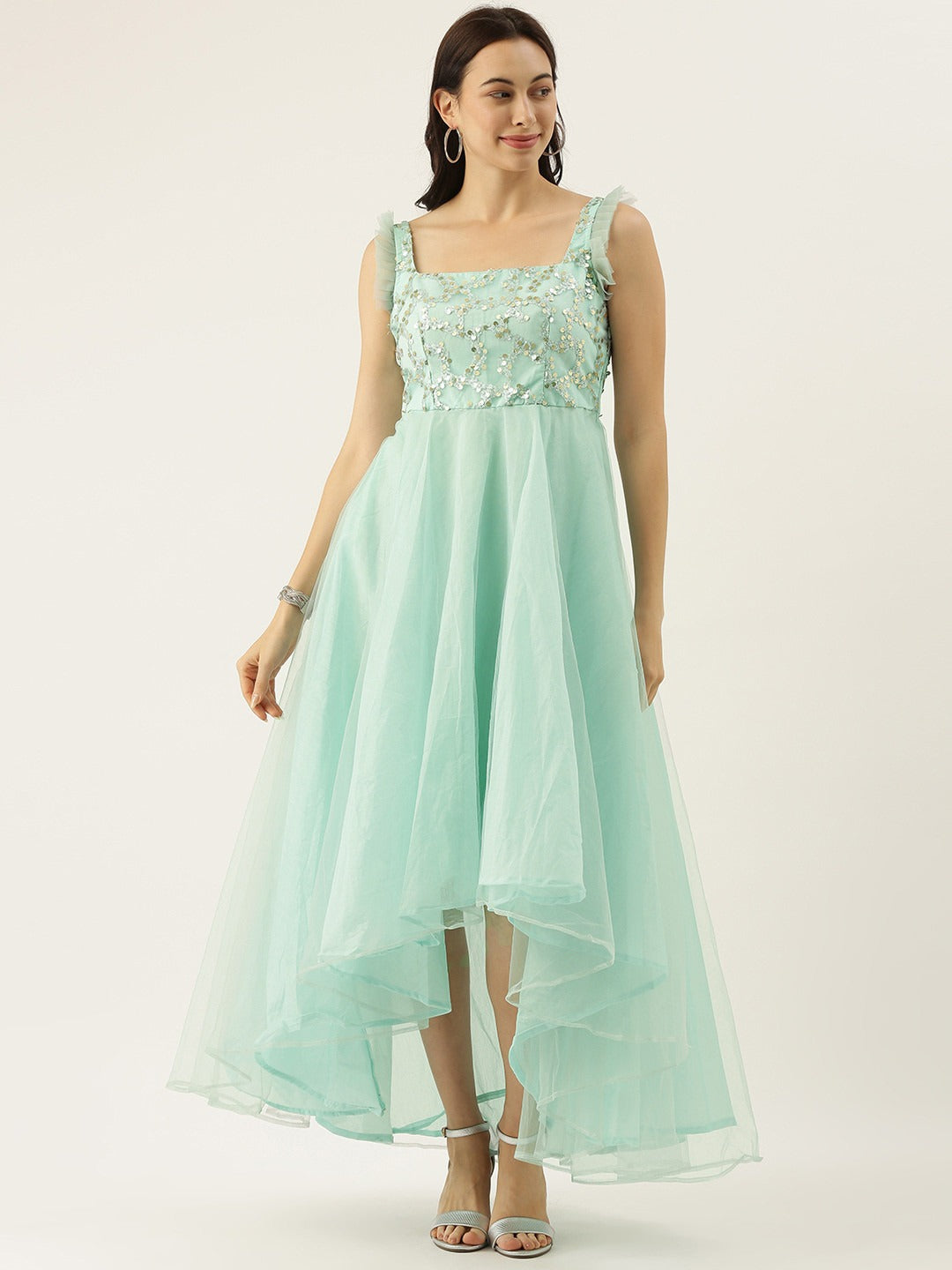 Bollywood Vogue Ready To Wear Sea Blue Embroidered Asymmetrical Gown - Front View